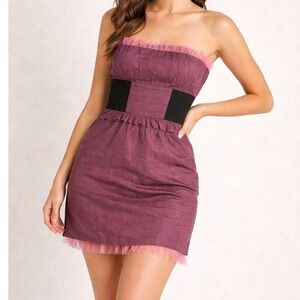 Twelve by Twelve Strapless Linen Mini Dress S Purple Fairycore Tulle Hem‎